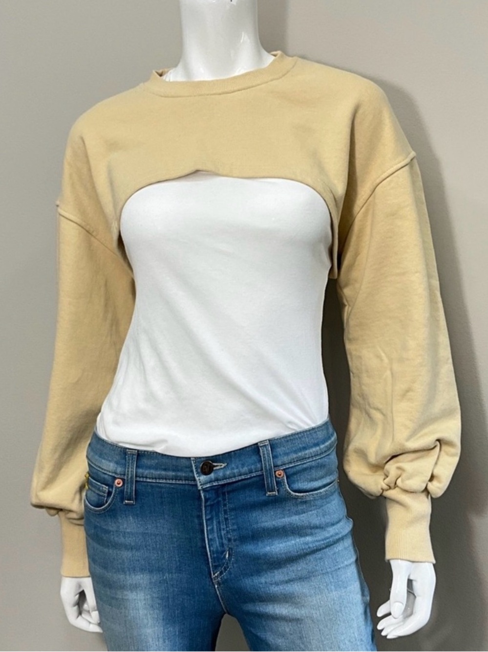 SIMONETT Beige Cutout Shrug Sweatshirt Layered Bustier Balloon Sleeve Top OS